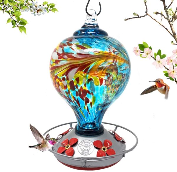 Grateful Gnome - Hummingbird Feeder - Hand Blown Glass - Flower Globe with Window 24 Fluid Ounce Free Bonus Accessories S-Hook, Ant Moat, Brush, and Hemp Rope Included
